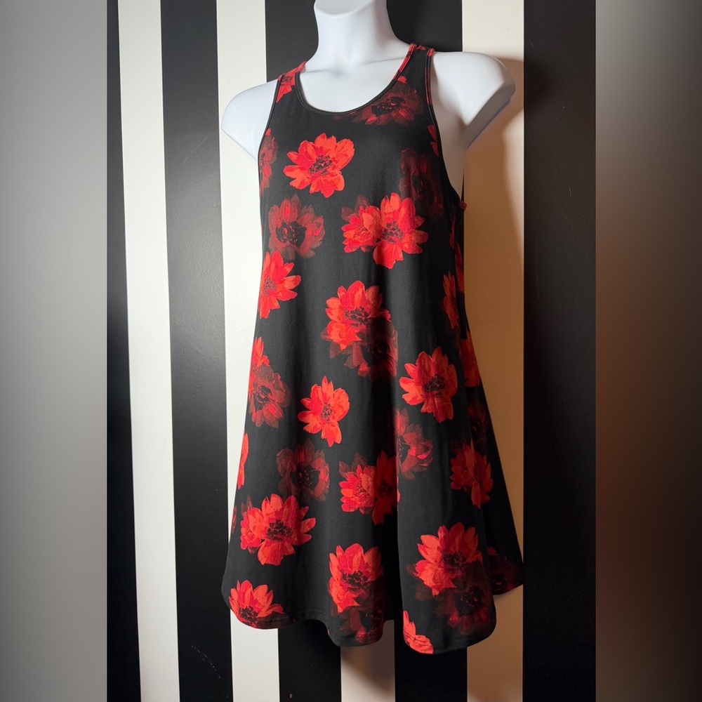 Black Floral A-Line Racer Back Dress with Red Blossoms - SZ XL